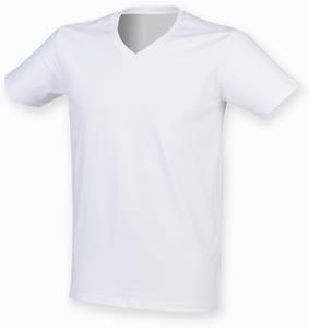 Skinnifit SF122 - Camiseta de hombre de algodón elástico con cuello de pico Blanca
